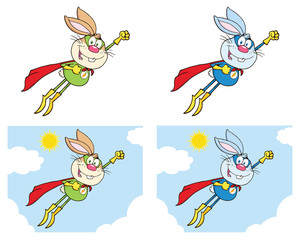 Rabbit Super Hero Cartoon Mascot Character Set 3. Vector Collection Isolated On White Background