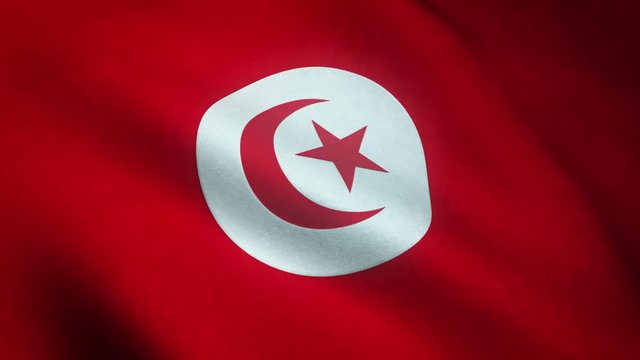 Realistic flag of Tunisia waving with highly detailed fabric texture.
