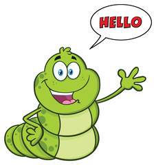 Happy Book Worm Cartoon Mascot Character Waving For Greeting. Vector Illustration Isolated On White Background With Speech Bubble Hello Text