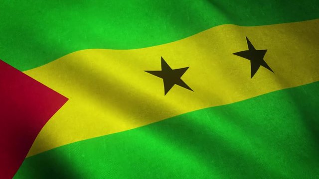 Realistic flag of S&atilde;o Tom&eacute; and Pr&iacute;ncipe waving with highly detailed fabric texture.