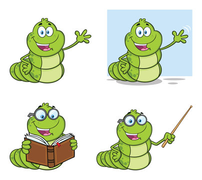 Book Worm Mascot Cartoon Character Set 1. Vector Collection Isolated On White Background