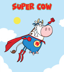 White Super Hero Cow Cartoon Mascot Character Flying. Vector Illustration With Background And Text