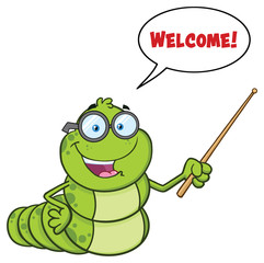 Book Worm Teacher Cartoon Character With Glasses Gesturing With A Pointer. Vector Illustration Isolated On White Background With Speech Bubble