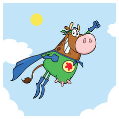Brown Super Hero Cow Cartoon Mascot Character Flying. Vector Illustration With Background