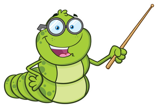 Book Worm Teacher Cartoon Character With Glasses Gesturing With A Pointer. Vector Illustration Isolated On White Background