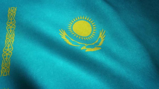 Realistic flag of Kazakhstan waving with highly detailed fabric texture.