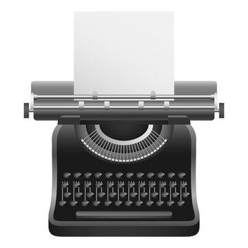 Black typewriter mockup. Realistic illustration of black typewriter vector mockup for web design isolated on white background