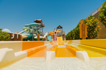 colorful slides costructions in aqua park 