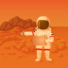 Astronaut standing on the mars surface holding a blank sign and making hitchhiker's gesture.