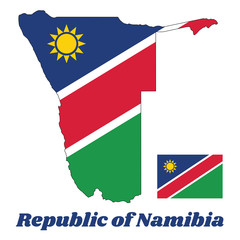 Map outline and flag of Namibia,  a white-edged red diagonal band and the upper triangle is blue, charged with a gold sun and the lower triangle is green. with name text Republic of Namibia.
