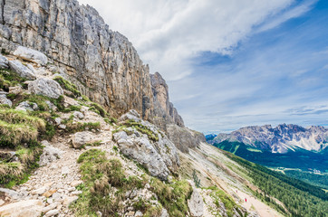 Rosengarten Catinaccio massif, Dolomites, Italy. Spectacular view in Val di Fassa, Dolomiti mountains, Alto Adige, South Tyrol