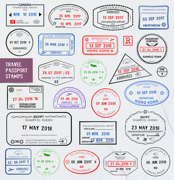 Set of international travel passport stamps.