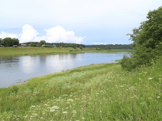 picturesque banks of the river in the summer evening