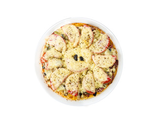 Delicious pizza, isolated on white. Top view