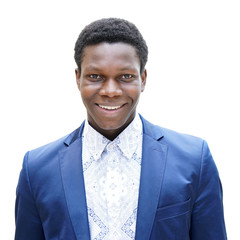 happy young man of african descent with toothy smile isolated on white