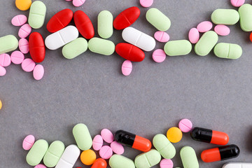 Medical equipments including drug medicines background, top view flat lay