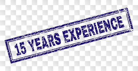 15 YEARS EXPERIENCE stamp seal print with dirty style and double framed rectangle shape. Stamp is placed on a transparent background.