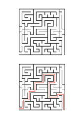 A square maze for children. Simple flat vector illustration isolated on white background. With the answer.