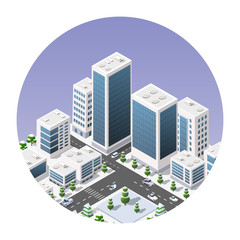 Isometric icon of a city with houses streets of skyscrapers. Vector illustration for web design.