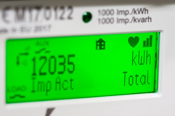 Smart meter digital display, showing units and focus on kilowatt hour symbols.