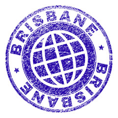 BRISBANE stamp print with distress texture. Blue vector rubber seal print of BRISBANE tag with retro texture. Seal has words placed by circle and globe symbol.