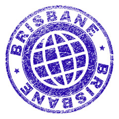 BRISBANE stamp print with distress texture. Blue vector rubber seal print of BRISBANE tag with retro texture. Seal has words placed by circle and globe symbol.
