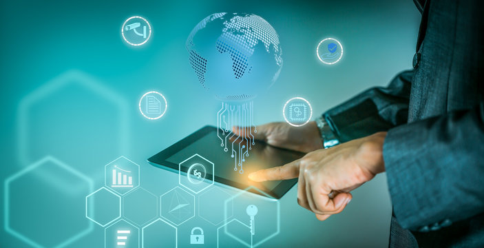 technology background, Businessman is pointing on tablet and searching the artificial intelligent to the information into global data network,the icons about internet of thing concept & effect filter - Powered by Adobe