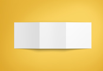 Brochure mock-up isolated. Hovering blank tri fold paper brochure on background. Mock up opened magazine, journal, booklet, postcard, flyer, business card or brochure. Cover for your design.