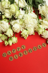 Postcard with white roses and happy birthday text