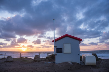 LIfeguard hut on Widemouth bay, Cornwall.