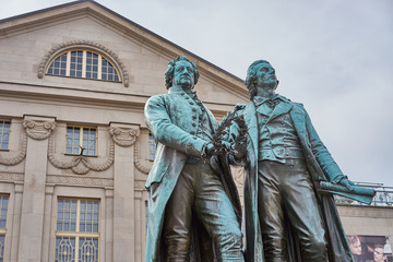 Famous sculpture of Goethe and Schiller in the city of Weimar in Germany / Most famous classical...