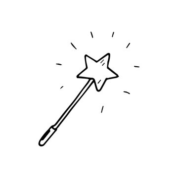 Hand Drawn magic wand doodle. Sketch style icon. Decoration element. Isolated on white background. Flat design. Vector illustration