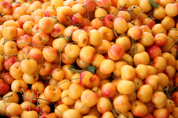 Fresh sweet cherries known as Ranier cherries at a farmer's market.