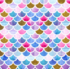 Mermaid scales. Watercolor fish scales. Bright summer pattern with reptilian scales. Glitter gold scales. - 214649175