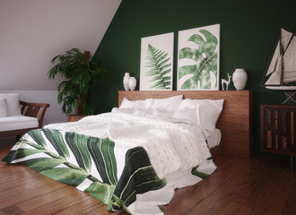 Green vintage bedroom interior, 3d render