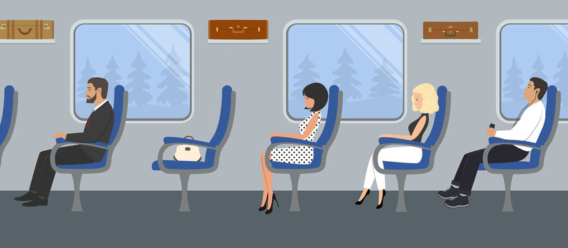 Passengers in the train car. Young women and men are sitting in blue armchairs and looking out the window. There are also suitcases on the shelves in the picture. Vector flat illustration
