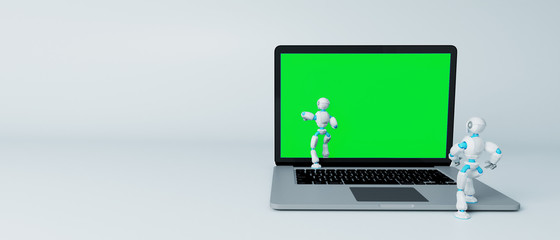 Two robots walking in the laptop screen, template 255 key green screen.