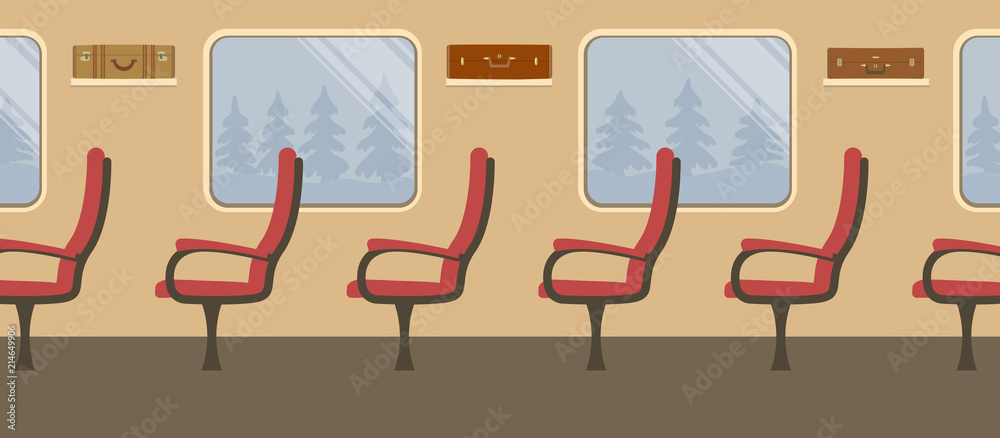 Wall mural interior of the train in brown colors. places in the train car. there are red armchairs, windows, su