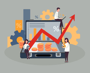 People do business, watch graphs and calculate profits. Vector illustration.