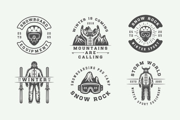 Set of vintage snowboarding, ski or winter sports logos, badges, emblems and design elements. illustration. Monochrome Graphic Art.