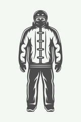 Vintage winter sportsman in ski suit. Monochrome Graphic Art. Vector Illustration.