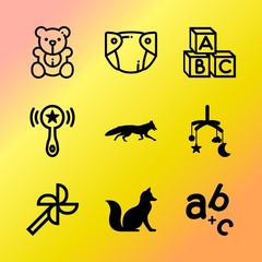 Vector icon set about baby with 9 icons related to preschool, furry, sweet, play, teddy, skin, decorative, child, decoration and nappy