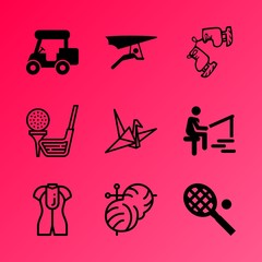 Vector icon set about hobby with 9 icons related to hole, recreation, creative, accuracy, para, textile, gear, transportation, homemade and competition