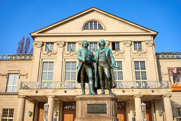 Famous sculpture of Goethe and Schiller in the city of Weimar in Germany / Most famous classical german authors / 18th century © marako85