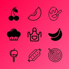 Vector icon set about food with 9 icons related to bright, coated, white background, 3d rendering, traditional, water-melon, refreshment, closeup, sticky and eating