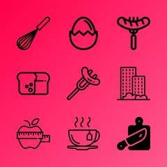 Vector icon set about kitchen with 9 icons related to property, hard-boiled, mixing, overweight, dough, protein, woman, shell, carved and cut