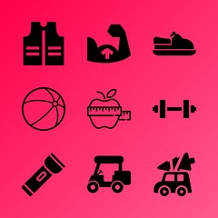 Vector icon set about fitness and sport with 9 icons related to scooter, overweight, strips, beach ball, lifestyle, male, training, logo, seat and bounce