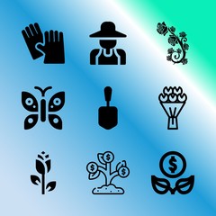 Vector icon set about gardening with 9 icons related to dig, ornament, exercise, seed, art, tools, steel, activity, background and retro