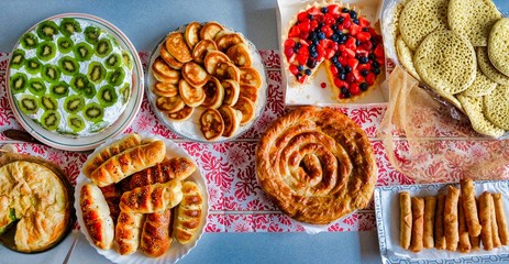 Delicious food and pies on a table in Amsterdam, the Netherlands