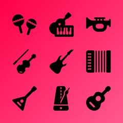 Vector icon set about music instruments with 9 icons related to song, texture, metronome, fiddle, note, guitar, classical, composition, sound and vector